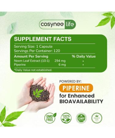 Cosynee Life Organic Neem Leaf Capsules 300mg | Neem Supplement with Azadirachta Indica | Neem Capsules for Daily Wellness & Skin Clarity | Neem Leaf Capsules Organic | 120 Count - Buy Online on GoSupps.com