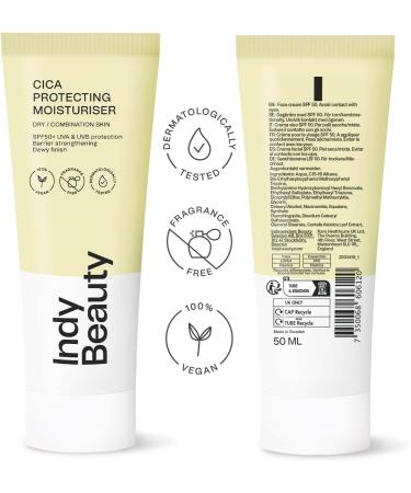 SPF 50 Face Moisturiser with Cica for Dry & Combination Skin 50ml - Lightweight Centella Sunscreen Against UVA & UVB - Face Sun Cream SPF50 - Anti Redness Cream - Vegan & Fragrance Free - Indy Beauty - Buy Online on GoSupps.com
