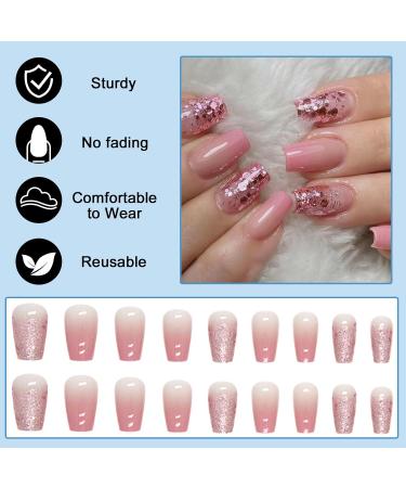 Buy 24 Pieces Short Angular Press-On Nails - French Pink Shiny Artificial Fingernails for Women & Girls | Reusable Acrylic Nail Design - Buy Online on GoSupps.com