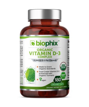 biophix Organic Vitamin D-3 Complex 10000 IU 180 Vcaps with Turmeric - High-Potency Supports Strong Bones Immune Health K2 with Turmeric