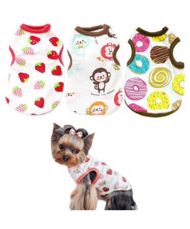 PETCARE 3 Pack Small Dog Shirts Soft Breathable Cotton Puppy T Shirt for Small Dogs Girl Spring Summer Cute Print Pet Tee Sleeveless Vest Chihuahua Yorkie Shih Tzu Pomeranian Cat Clothes Outfits XL(Fit 11-16 lbs) SET(Strawberry+Monkey+Donut)