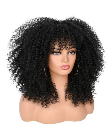 ANNISOUL 16 Curly Wig for Black Women | Synthetic Fiber Glueless Long Kinky Curly Hair 16 Inch Black Afro Bomb Wig with Bangs - Buy Online on GoSupps.com
