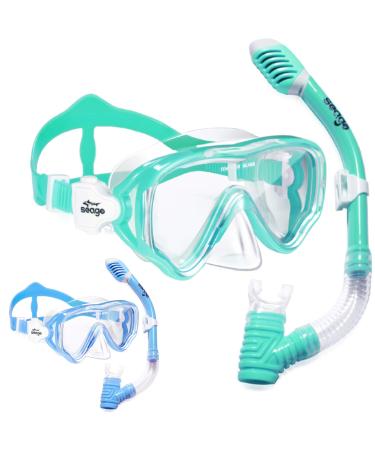 2 Pack Kids Snorkel Set Dry Top Snorkel Mask Snorkeling Gear for Kids Boys Girls Youth, No Leak Comfy MouthPiece Anti-Fog 180 Panoramic View Scuba Diving Swim Pool Equipment Snorkel Kit with Mesh Bag Blue & Light green