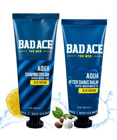 BAD ACE Aqua Bundle | Korean Skin Care for Men | Protects Skin from Razor Burn | Jeju Ocean Men's Shaving Cream (4 oz) & After Shave Balm for Men (3 oz) Jeju Ocean Bundle (Shaving Cream & After Shave Set)