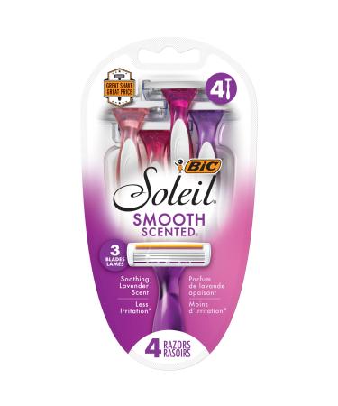 BIC Soleil Smooth Scent Womens Disposable Razor, 3 Blades with a Moisture Strip For a Silky Shave, Assorted, 4 Piece Razor Set (ST3WP41-ART) 4 Count (Pack of 1)