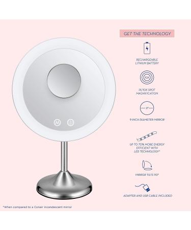 Conair Rechargeable LED Lighted Makeup Mirror 1X/10X Magnification Cordless Vanity Mirror - Satin Nickel - Buy Online on GoSupps.com
