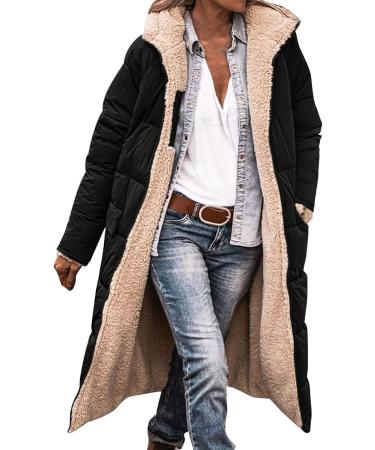 Women's Oversized Fleece Plush Jacket - Warm Fluffy Hooded Coat with Zipper - Stylish Winter Trench Coat in Black - Buy Online on GoSupps.com