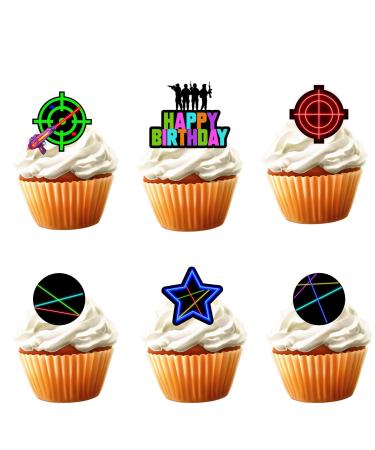 18pcs Neon Gun Game Cupcake Toppers for Boys Girls Adult Happy Birthday Laser Gun Game Party Decorations Supplies Favors Glitter Neon Cake Decorations