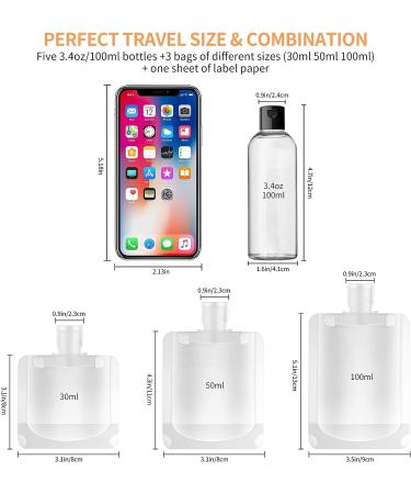 5 Pack 3.4oz Clear Plastic Squeeze Bottles & 3 Refillable Travel Pouches - TSA Approved for Cosmetics - Labels Included - Buy Online on GoSupps.com
