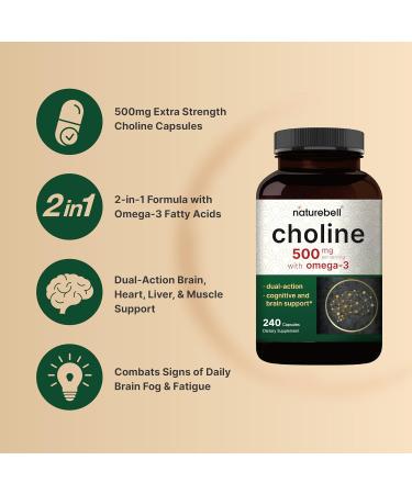 Choline Supplements 500mg with Omega-3 Fatty Acids 240 Capsules | High Potency Choline Bitartrate Prenatal Support During Pregnancy Promotes Energy Liver Brain & Cognitive Health - Buy Online on GoSupps.com