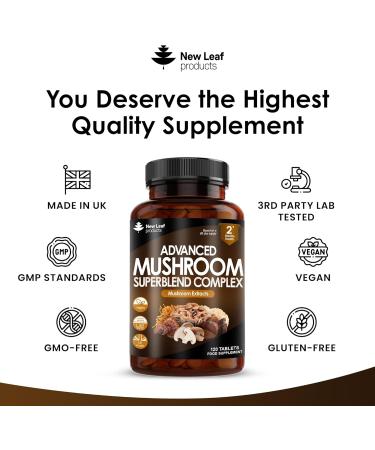 Mushroom Complex - Lions Mane + Cordyceps Chaga Reishi Shiitak Maitake Mushroomss Blend - High Potency Supplement - Made in The UK - 120 Tablets - Buy Online on GoSupps.com
