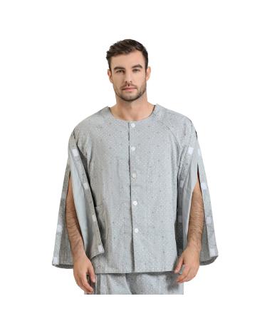 YOSINISO Bedridden Patient Clothing Hook and Loop Tear Away Cotton Post Shoulder Surgery Shirts for Dialysis Elderly Home Care Comfortable Hospital Gowns for Men with Pocket (M Grey Top) M Grey Top