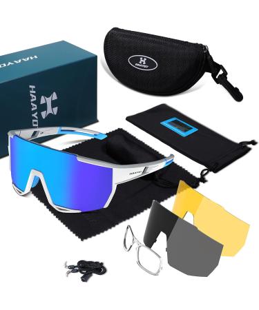 HAAYOT Polarized Cycling Baseball Sunglasses for Men and Women - 3 Interchangeable Lenses - White & Blue - Buy Online on GoSupps.com