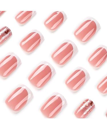 Short Square White French Press on Nails with Nail Tips Glitter powder fake nails press on nails Acrylic False Nails Cute Artificial Nails for Women and Girls - Buy Online on GoSupps.com