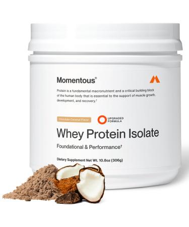 Momentous Essential Grass-Fed Whey Protein Powder - 20 g Whey Isolate Protein - NSF Certified for Sport - Gluten-Free - 12 Servings for Essential Everyday Use - Chocolate Coconut - Package May Vary