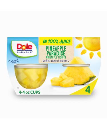 Dole Fruit Bowls Pineapple Tidbits in 100% Juice, Gluten Free Healthy Snack, 4 Oz, 4 Cups