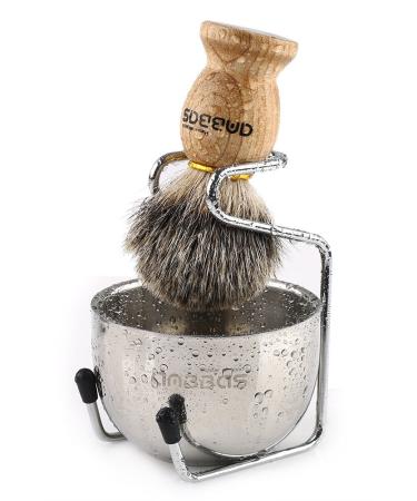 Shaving Set 3pcs Pure Badger Hair Shaving Brush Natural Wooden Handle with Stainless Steel Shaving Brush Stand & 2Layers Shaving Soap Bowl for Men Wet Shaving Stater by Anbbas