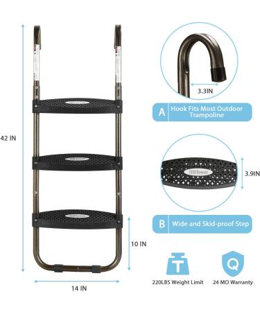HBTower Trampoline Ladder | Horizontal Wide Steps | Universal Hook | UV Treated Steel | 220 lbs Capacity | Kids Trampoline Accessories (Black/Gold, 3-Step) - Buy Online on GoSupps.com