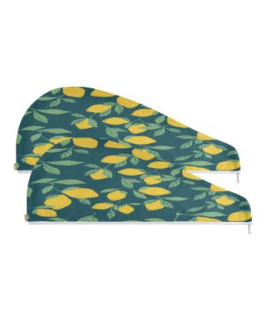 Lemon Tree Dry Hair Cap 2 Piece Quick Drying Towel Set with Button Headband Super Absorbent Soft & Comfortable