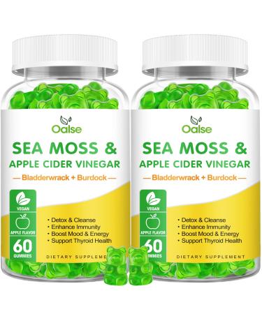 Organic Sea Moss Gummies - 1800mg Irish Sea Moss + 1200mg Burdock Root + 240mg Bladderwrack + 240mg Apple Cider Vinegar - Supports Immune Health & Weight Management [60 Count (Pack of 2)]