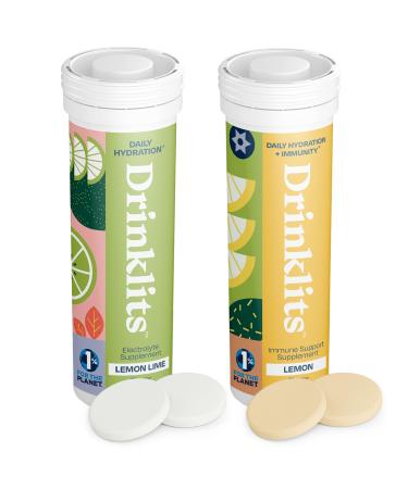 Drinklits Lemon Immunity & Lemon-Lime Hydration Tablets (2) Tube Combo Pack | Essential Electrolytes Immune Support Great Taste | 20 Servings (10 Tablets Per Tube)