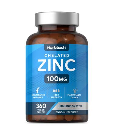 Zinc Tablets 100mg | High Strength Chelated Zinc Supplements | 360 Vegan Tablets | by Horbaach