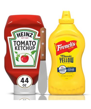 Heinz Tomato Ketchup 44 OZ and French's Yellow Mustard 30 OZ set, With Tulipani Spreader - Gluten Free
