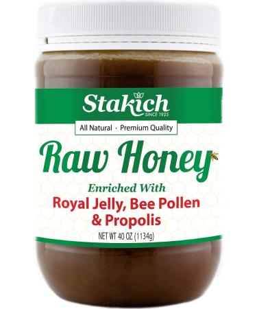 Stakich ROYAL JELLY BEE POLLEN PROPOLIS Enriched RAW HONEY - 100% Pure, Unprocessed, Unheated - 40 oz 2.5 Pound (Pack of 1)