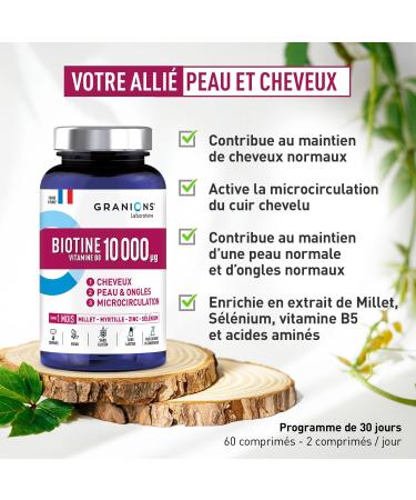Biotin 10 000 g GRANIONS Food Supplement Hair Skin Nails - Vitamin B5 Biotin Millet Cystine Blueberry Zinc Selenium Methionine - Vegan Gluten Free 60 Tablets Made in France - Buy Online on GoSupps.com