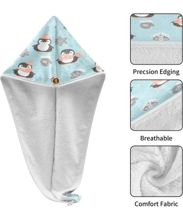 Cute Penguins Christmas Dry Hair Cap | 2-Piece Quick Drying Towel Set | Super Absorbent & Soft Button Headband - Buy Online on GoSupps.com