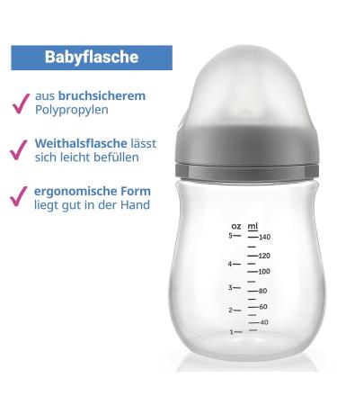 MiaMia 3x Baby Bottles with Anti-Colic Teat Size S - 140 ml Transparent Grey Silicone Teats - Safe & Durable PP Bottles for Happy Feeding - Buy Online on GoSupps.com