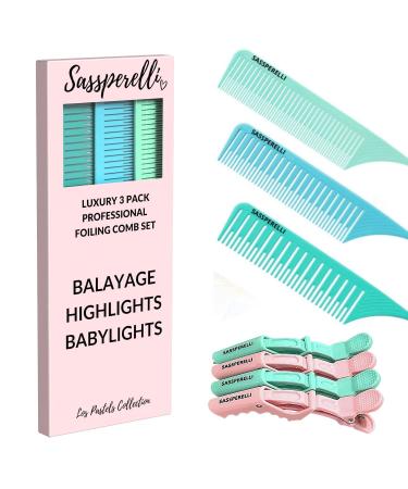 Sassperelli 3 Pack Highlighting Combs with Pastel Premium Alligator Clips. Perfect for Highlights, Foils & Balayage.