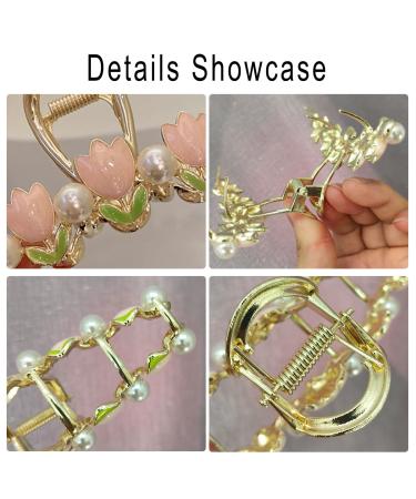 Pink Tulip Pearl Hair Claw Clip for Women - Large Flower Hair Accessory for Thick/Thin Hair - Non-slip Hair Barrette - Buy Online on GoSupps.com