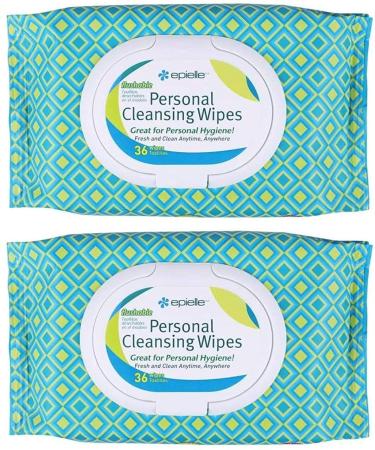 Epielle Personal Cleansing Wipes with Natural Ingredients - Flushable Wet Wipe Tissues Towelettes Travel Size, Daily Use, Gentle - 36ct (Sheets) per pack, Total 2 packs Toilet Paper Replacement 36ct Wipes (2pk)