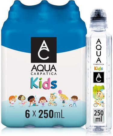 AQUA Carpatica Kids 250ml x 6 - Pure Natural Still Mineral Water for Children with Spill-Proof Sippy Cap Virtually Nitrate-Free Low Sodium Naturally Alkaline Perfect for Lunchboxes 100% Recyclable Original 250ml - Buy Online on GoSupps.com