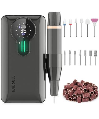 ENGERWALL Professional Portable Nail Drill 35000 RPM 20H+ Battery Life Rechargeable Low Noise Low Vibration Low Heat Electric Nail Files Kit for Acrylic Nails and Gel Nails for Salon and DIY Use Dark Silver