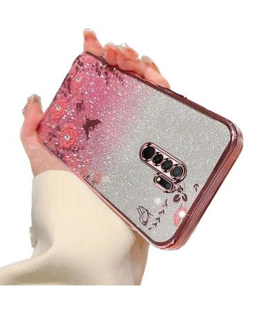 Tivenfezk nadoli glitter diamond case for xiaomi redmi 9 sparkle flower butterfly cell phone cover soft slope cover frame shiny silicone rhinestos etui protective cover xiaomi redmi 9 pink
