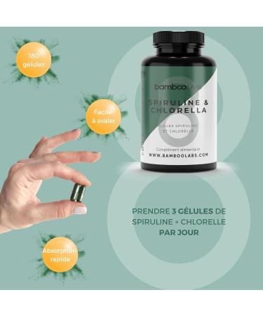 Bamboo Labs - Spirulina and Chlorella Vegan Food Supplements 180 capsules of 1800 mg promote the daily immune system muscle recovery and offer a Satiety effect - Buy Online on GoSupps.com