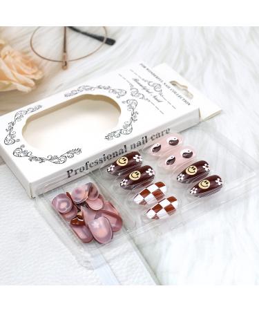 Spring Floral Almond Shape French Fake Nails Kit - 24 Pcs Glossy Full Cover Acrylic False Nails for Daily Wear - Buy Online on GoSupps.com