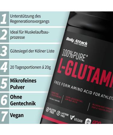 Buy Body Attack 100% Pure L-Glutamine - 2x1000g Micronized Powder | Vegan Gluten-Free Lab Tested | Made in Germany - Buy Online on GoSupps.com
