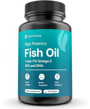 Nutriana Omega 3 Fish Oil 1500mg - High Potency Total rTG DHA & EPA Omega 3 Supplement - Triple Strength Fish Oil Supplements for Brain Health Liver Health & Immune Support - 90 Fish Oil Capsules