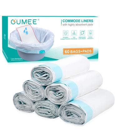 OUMEE 60 Count Commode Liners with Absorbent Pads Disposable Toilet Bags for Bedside Commode Bucket Portable Potty Liners for Adults Commode Chair Camping Gel Bags (60 Commode Liners+60 Pads) 60Bags + 60Pads