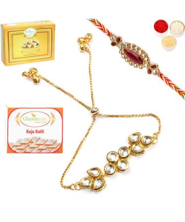 Ghasitaram Gifts Rakhis Online - Rakhi for Brother-T-23 Bhaiya Bhabhi Rakhi with 200 GMS of Kaju katli and 200 GMS of Soan Papdi Rakhi Set with 200 gms of Kaju katli & Soan Papdi