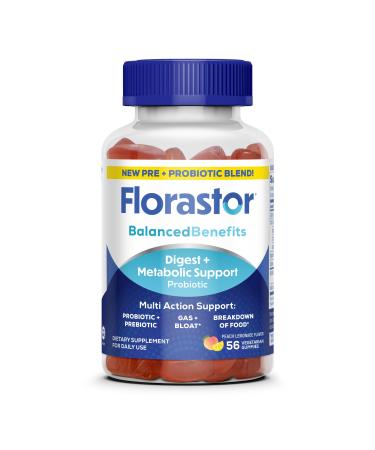 Florastor Prebiotic and Probiotic Gummies Digestive and Metabolic Support Probiotic Blend for Multi-Action Digestive Health Care with Vitamin B12 56 Gummies 56 Count (Pack of 1)