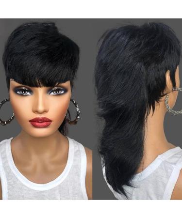 PurpleSexy Mullet Wig Pixie Cut Wigs Human Hair for Women Shaggy Layered 70s 80s 90s Mullet Wigs With Bangs For Black Women Natural Black Glueless Wolfcut Straight Brazilian Human Hair Wigs(1B)