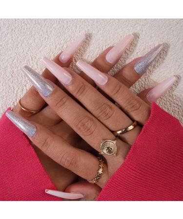 Xerling 24Pcs Bling Glitter Long Coffin Press-On Nails - Stylish French Fake Nails for Women & Girls - Full Cover Designs (Pattern D) - International Shipping Available - Buy Online on GoSupps.com