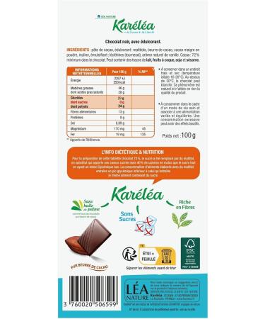 Kar l a - Chocolat Noir 72% cacao - Sans Sucre - 100 g - Lot de 6 - Buy Online on GoSupps.com
