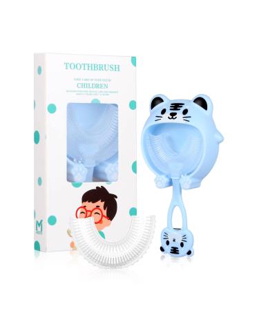 AJM Kids U-Shaped Silicone Toothhbrush  Manual Training Toothbrush with 2 Removable Heads and Dust Cover  360 Oral Teeth Cleaning Design for Kids (Age 2-12) (Tiger Blue)