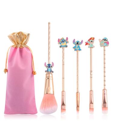 5 Pcs Stitch Makeup Brush Set Lilo and Stitch Gifts Cosmetic Brushes for Powder Eyeshadow Blushes Lips Portable Kawaii Makeup Brush Set Stitch Gifts for Girl Women beach pink