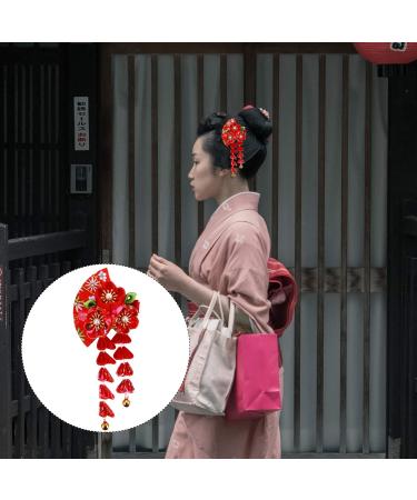 Japanese Style Cloth Hairpin Tassel Fans Shape Barrette with Bells Kimono Flower Headdress Traditional Clothes Cosplay Hair Decoration Accessory for Women Red - Buy Online on GoSupps.com